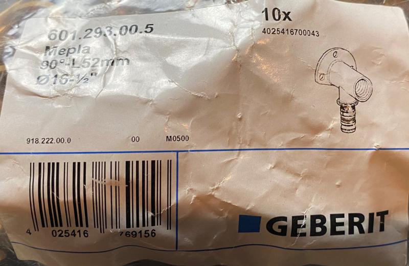 Geberit Mepla Wanscheibe 90 Grad L=52 mm 16-1/2" #601.293.00.5